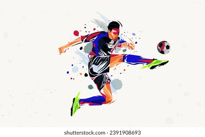 Illustration dynamique d'un joueur frappant le ballon, inspirée de Barcelone contre Atlético.