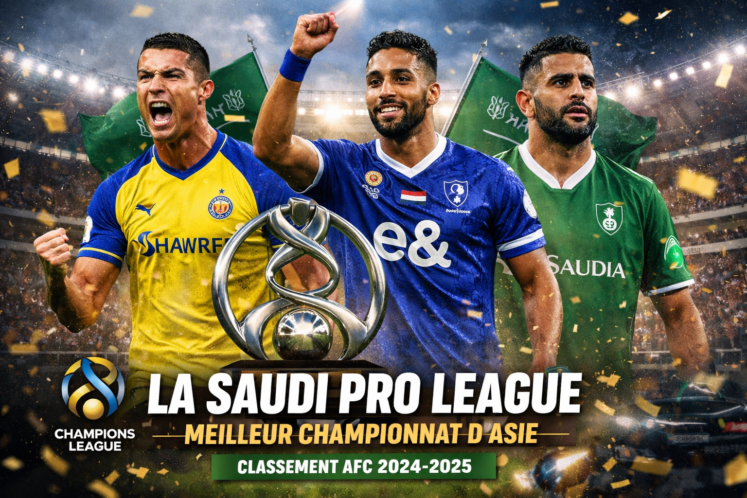 Joueurs d’Al Hilal, Al Nassr et Al Ahli célébrant la domination de la Saudi Pro League, classée meilleur championnat de football en Asie selon l’AFC 2024-2025