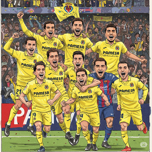 image illustrant les joueurs de Villarreal célébrant leur victoire face à Barcelone :