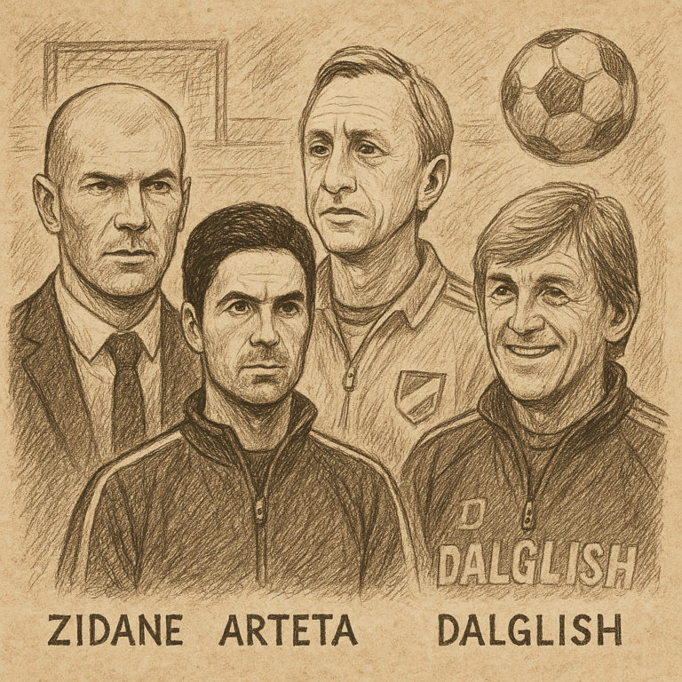 anciens joueurs de football devenus entraîneurs, notamment Zidane, Arteta, Cruyff et Dalglish 