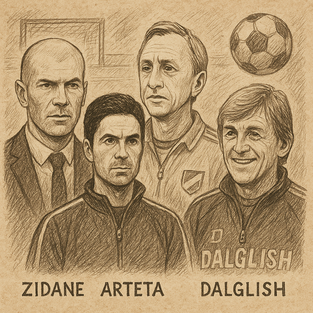 anciens joueurs de football devenus entraîneurs, notamment Zidane, Arteta, Cruyff et Dalglish 