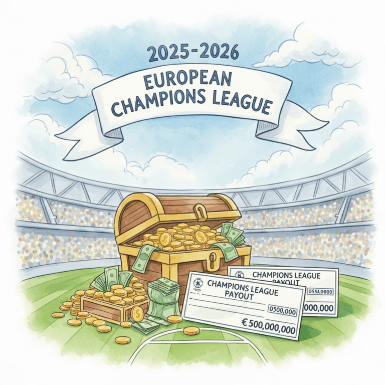 IMAGE AQUARELLE ILLUSTRANT récompenses financières colossales pour les clubs participant à la Ligue des champions d’Europe, saison 2025-2026.