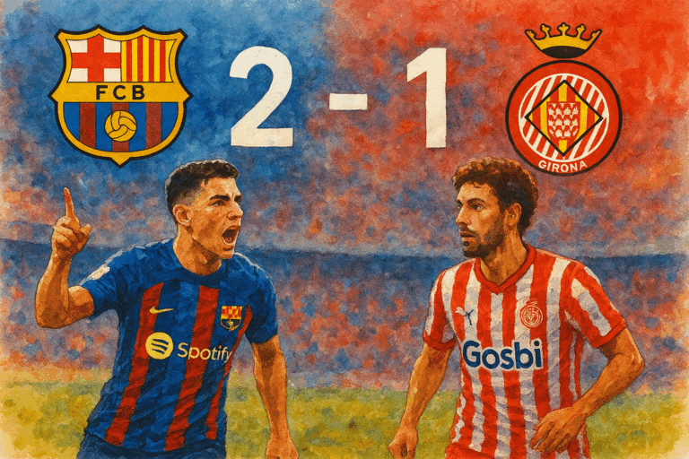 Illustration du match FC Barcelone – Girona FC se terminant sur le score de 2-1, avec un joueur du Barça célébrant et un joueur de Girona réagissant, sur fond des logos des deux clubs.