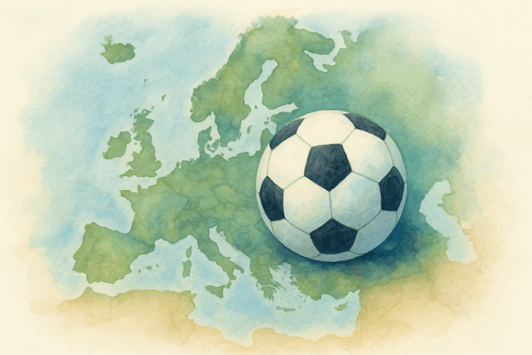 Aquarelle représentant un ballon de football sur la carte de l’Europe pour illustrer les éliminatoires Europe Coupe du monde 2026.