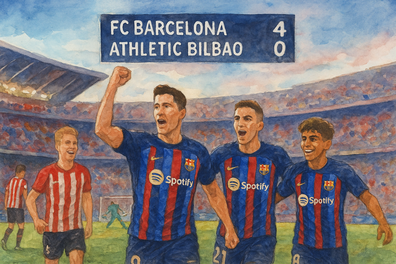 Aquarelle montrant les joueurs du FC Barcelone célébrant une victoire 4-0 contre l’Athletic Bilbao au Camp Nou, avec Lewandowski et Ferran Torres au premier plan sous le tableau d’affichage du stade.