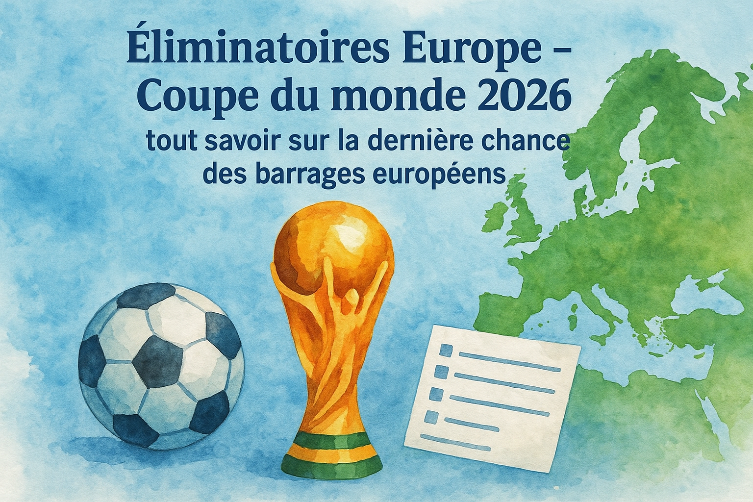 Illustration aquarelle montrant le trophée de la Coupe du monde, un ballon et une carte de l’Europe pour présenter les barrages européens de la Coupe du monde 2026.