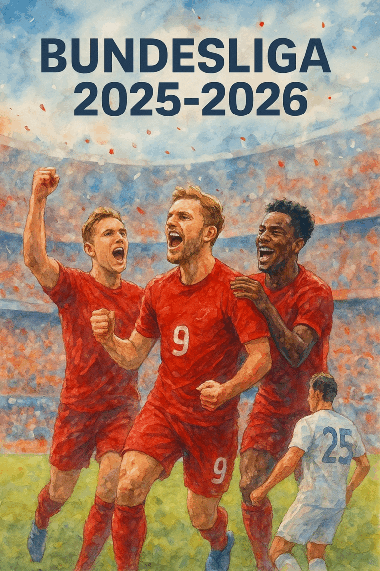 Illustration aquarelle représentant l’intensité offensive de la Bundesliga 2025-2026, avec des joueurs célébrant un but dans un stade plein.