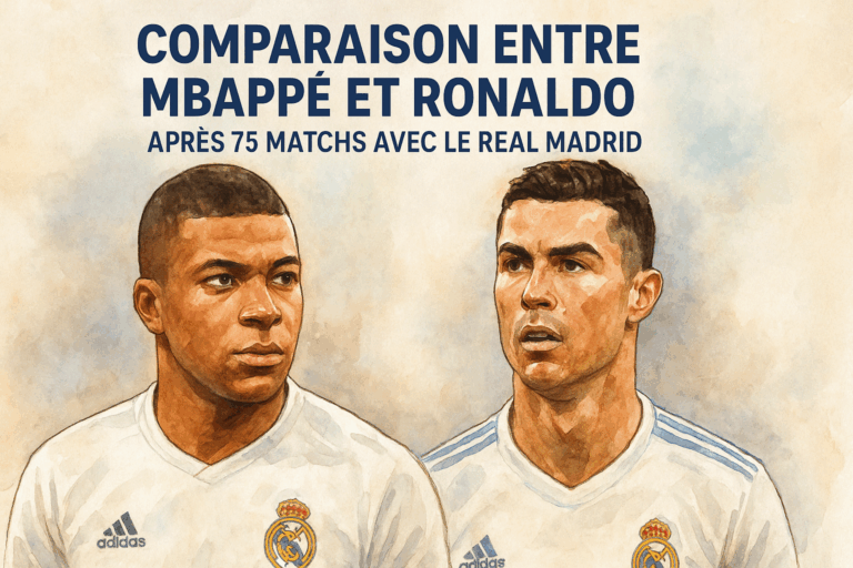 Illustration artistique en aquarelle représentant Kylian Mbappé et Cristiano Ronaldo côte à côte en maillot du Real Madrid, soulignant la comparaison de leurs performances après 75 matchs avec le club madrilène.