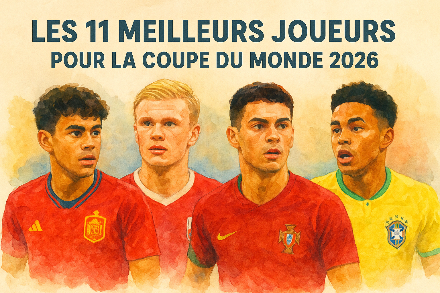 Aquarelle montrant Lamine Yamal, Erling Haaland, João Neves et Estêvão représentant les meilleurs joueurs prêts à faire leurs débuts en Coupe du monde 2026.