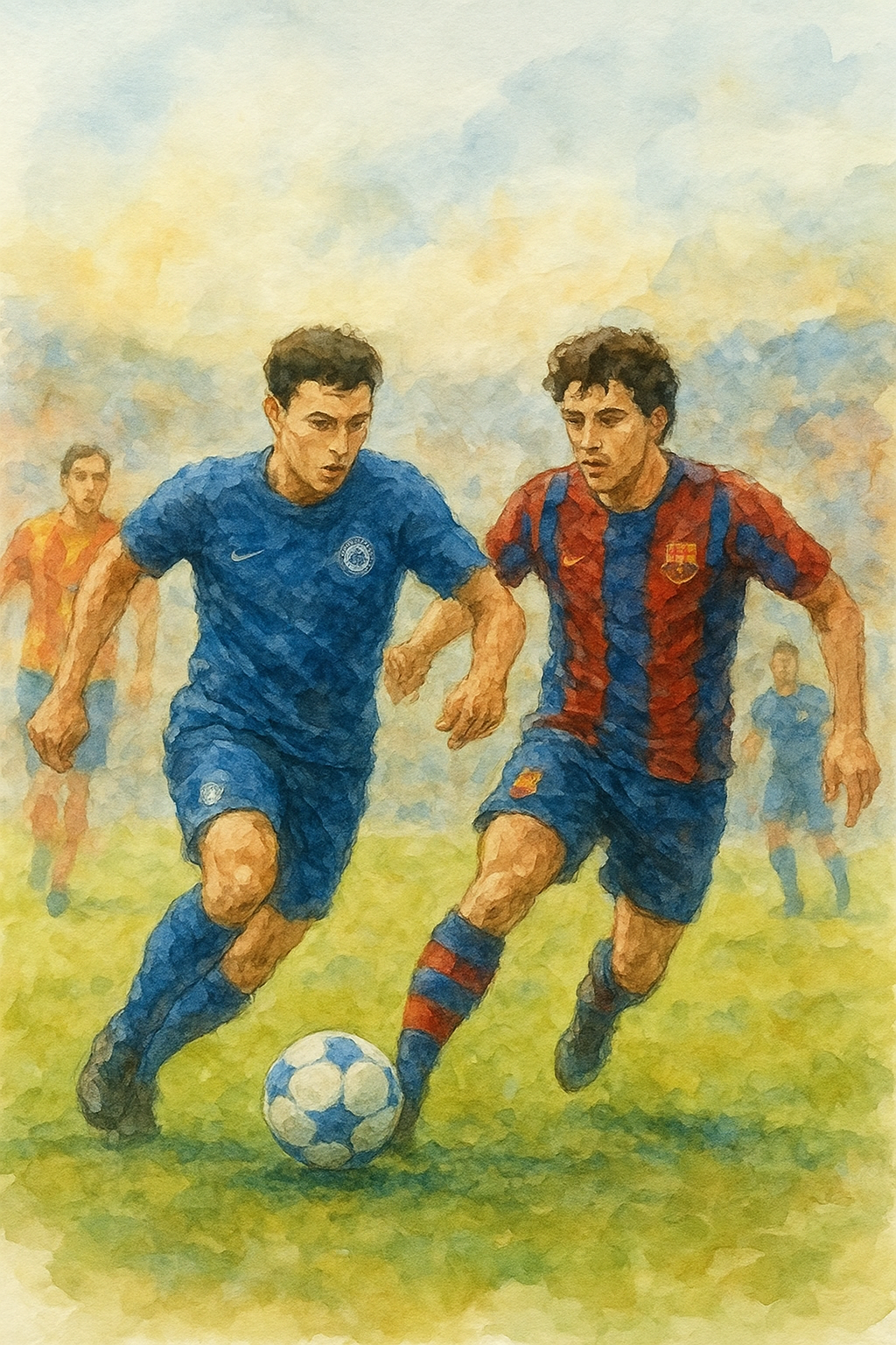 Aquarelle sportive montrant deux joueurs de football, l’un en bleu et l’autre en rouge et bleu, se disputant le ballon lors d’un match intense, représentant symboliquement la domination des clubs anglais sur les équipes espagnoles en Ligue des champions.