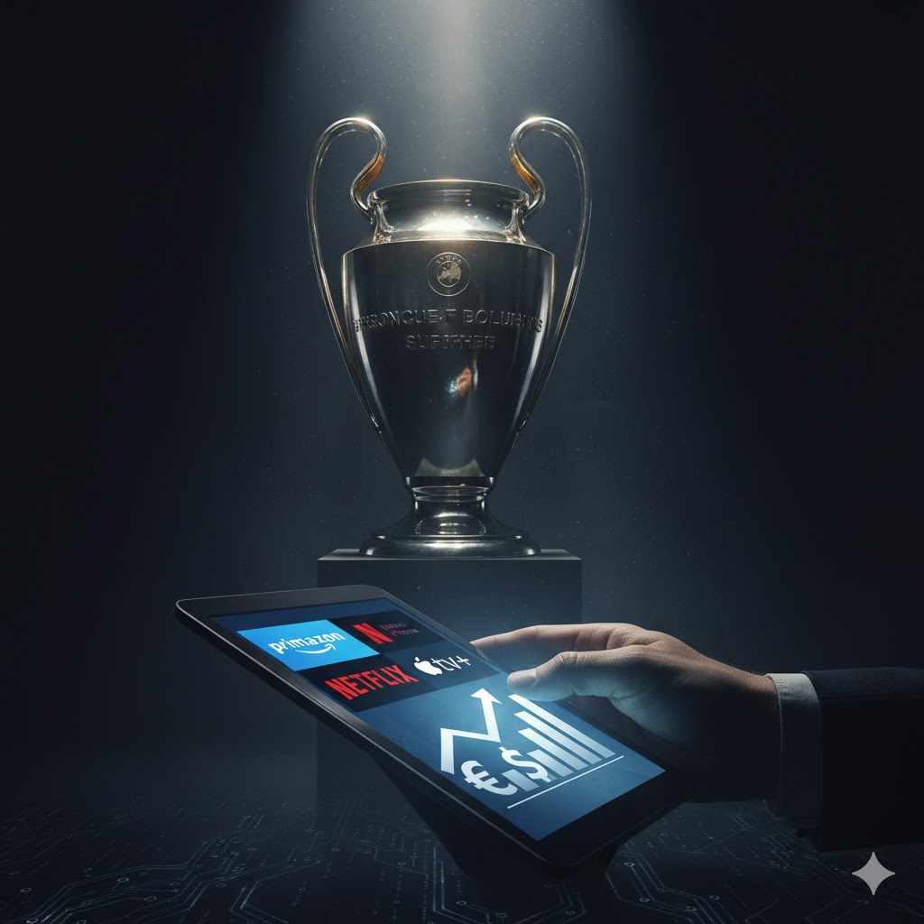 Trophée de la Ligue des Champions éclairé dramatiquement avec une main tenant une tablette affichant les logos de streaming (Netflix, Amazon, Apple TV) et des symboles de hausse financière (€, $).