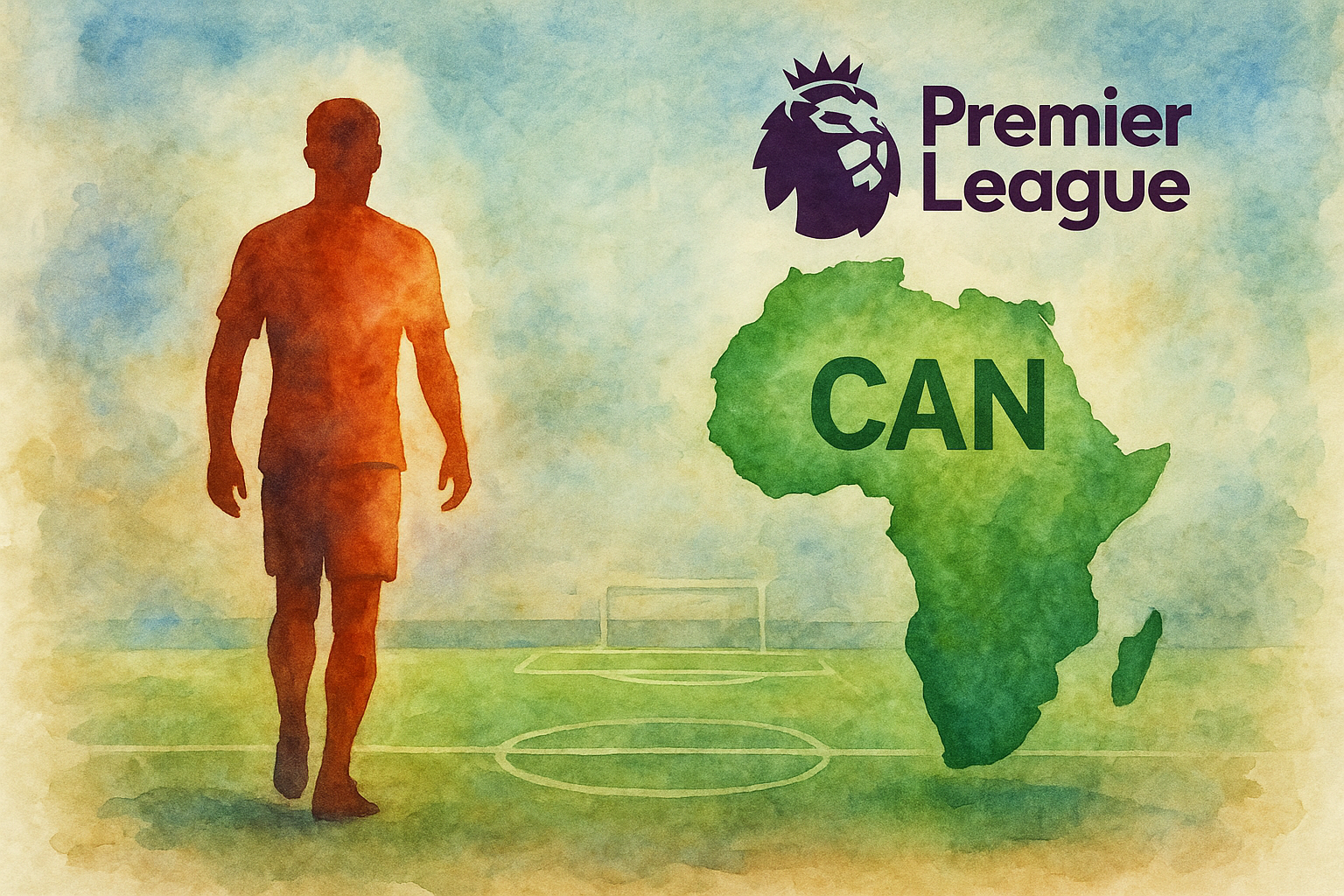 Illustration aquarelle d’un joueur quittant un terrain de Premier League en direction de la CAN, avec une silhouette et la carte de l’Afrique en arrière-plan.