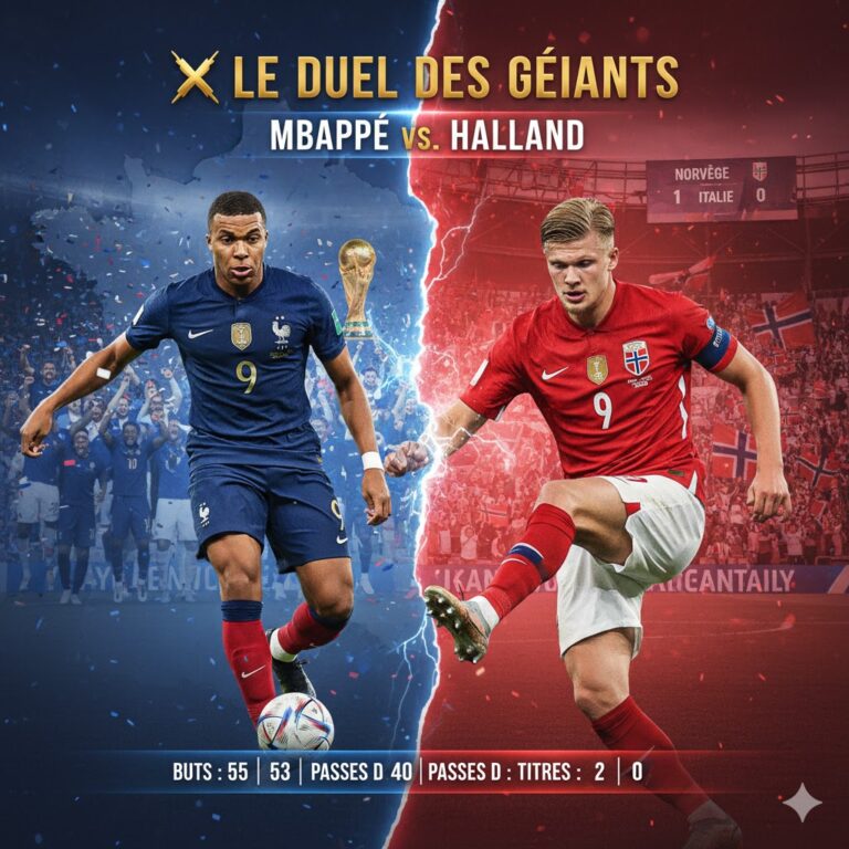 Kylian Mbappé (France, maillot bleu) et Erling Haaland (Norvège, maillot rouge) face à face dans une comparaison statistique. L'image est divisée par un éclair, avec en fond le trophée de la Coupe du Monde.