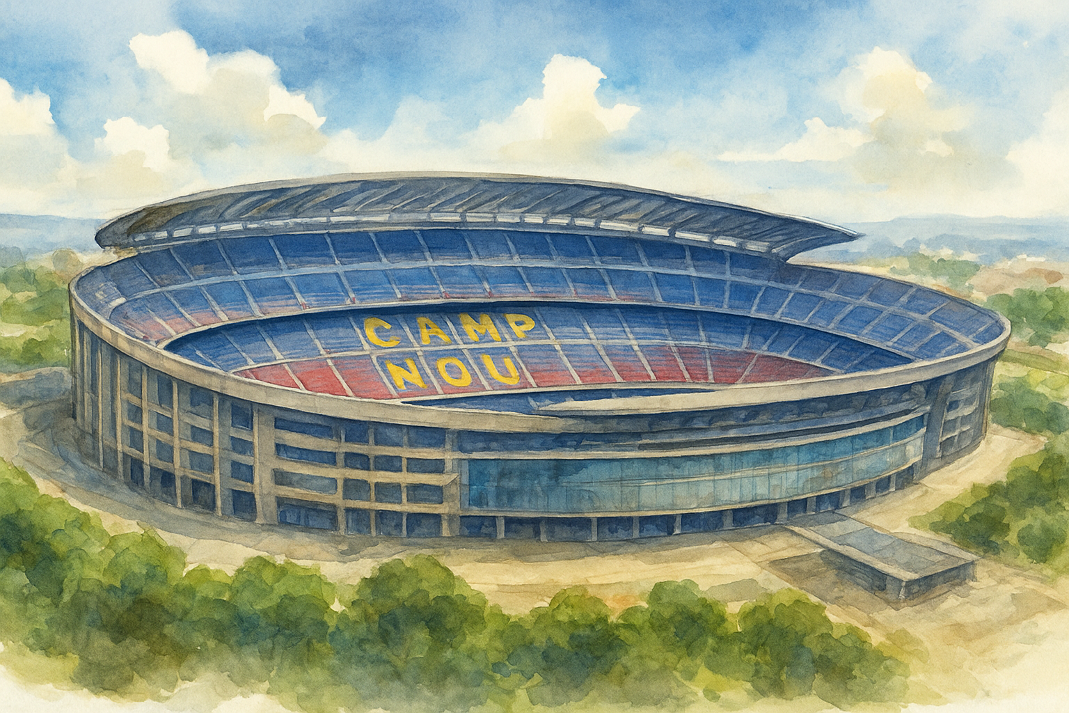 Illustration aquarelle du Camp Nou rénové, façade modernisée illuminée et supporters rassemblés devant le stade lors de la réouverture.