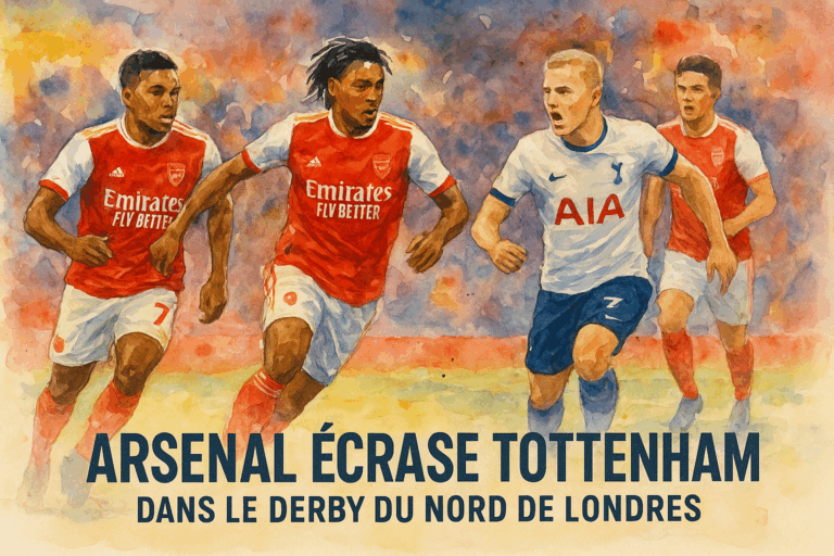 Aquarelle moderne illustrant des joueurs d’Arsenal et de Tottenham en pleine action lors du derby du Nord de Londres, symbolisant la large victoire d’Arsenal.