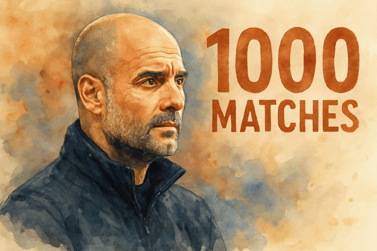 Portrait aquarelle de Pep Guardiola, regard déterminé, célébrant son 1000ᵉ match en tant qu’entraîneur, avec l’inscription "1000 Matchs" à côté.