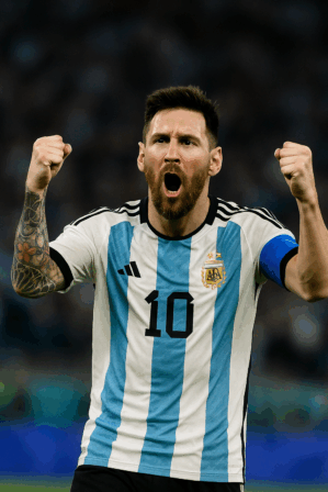 Lionel Messi en maillot de l’Argentine levant les bras en signe de victoire sur le terrain.