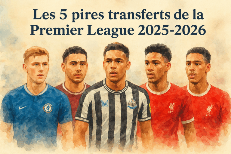 Illustration aquarelle montrant cinq joueurs de Premier League représentant les pires transferts de la saison 2025-2026, avec leurs maillots de Chelsea, West Ham, Newcastle et Liverpool, sur un fond artistique texturé.
