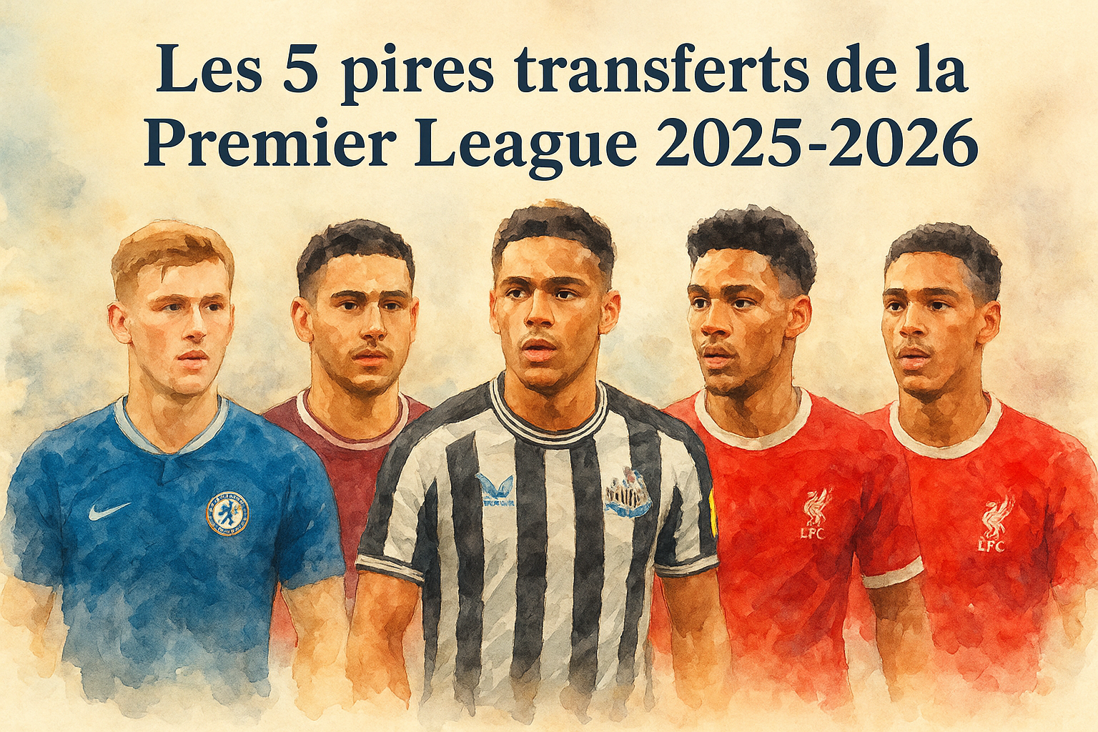 Illustration aquarelle montrant cinq joueurs de Premier League représentant les pires transferts de la saison 2025-2026, avec leurs maillots de Chelsea, West Ham, Newcastle et Liverpool, sur un fond artistique texturé.