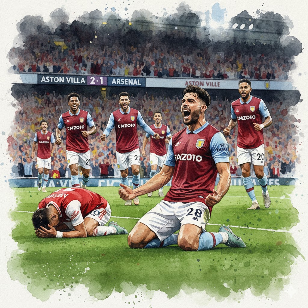 Célébration d'Aston Villa après le but de la victoire 2-1 contre Arsenal, avec un joueur de Villa à genoux exultant et un joueur d'Arsenal au sol, déçu.