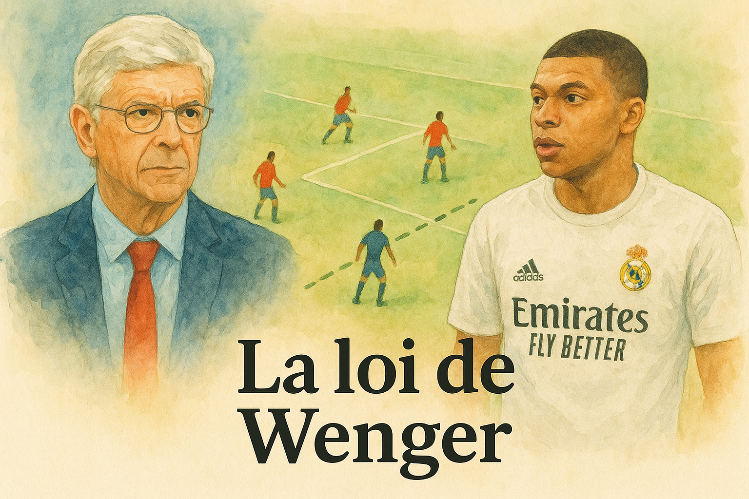 Aquarelle représentant Arsène Wenger à gauche et Kylian Mbappé portant le maillot du Real Madrid à droite, avec en arrière-plan un terrain de football illustrant la règle du hors-jeu.