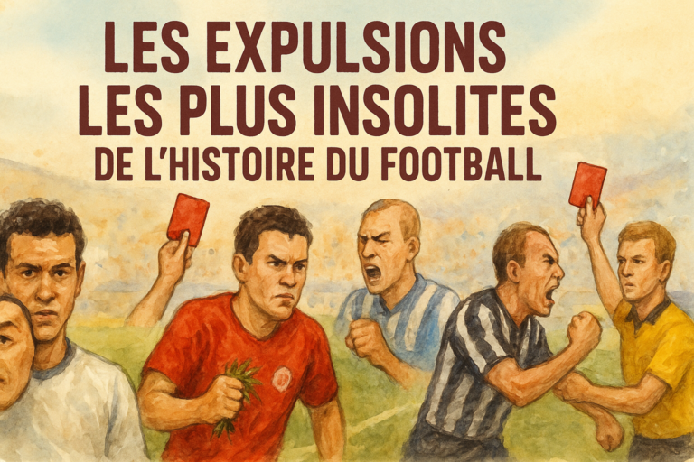 Illustration aquarelle montrant plusieurs scènes d’expulsions célèbres dans l’histoire du football, avec des arbitres brandissant des cartons rouges et des joueurs en pleine altercation.
