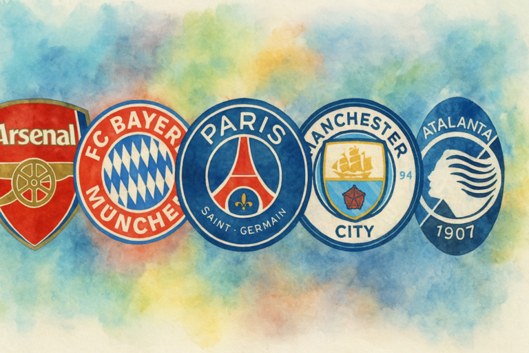 Illustration aquarelle représentant les logos d’Arsenal, du Bayern Munich, du Paris Saint-Germain, de Manchester City et de l’Atalanta, les cinq clubs déjà qualifiés après la 6e journée de la Ligue des champions 2025-2026.