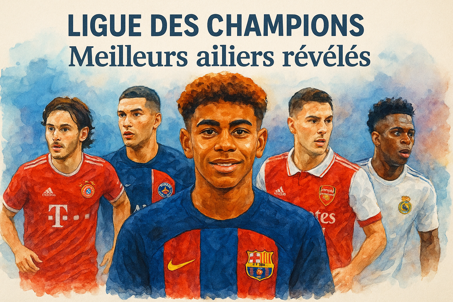 Illustration aquarelle des meilleurs ailiers de la Ligue des champions, avec Lamine Yamal au centre, selon le classement WhoScored.