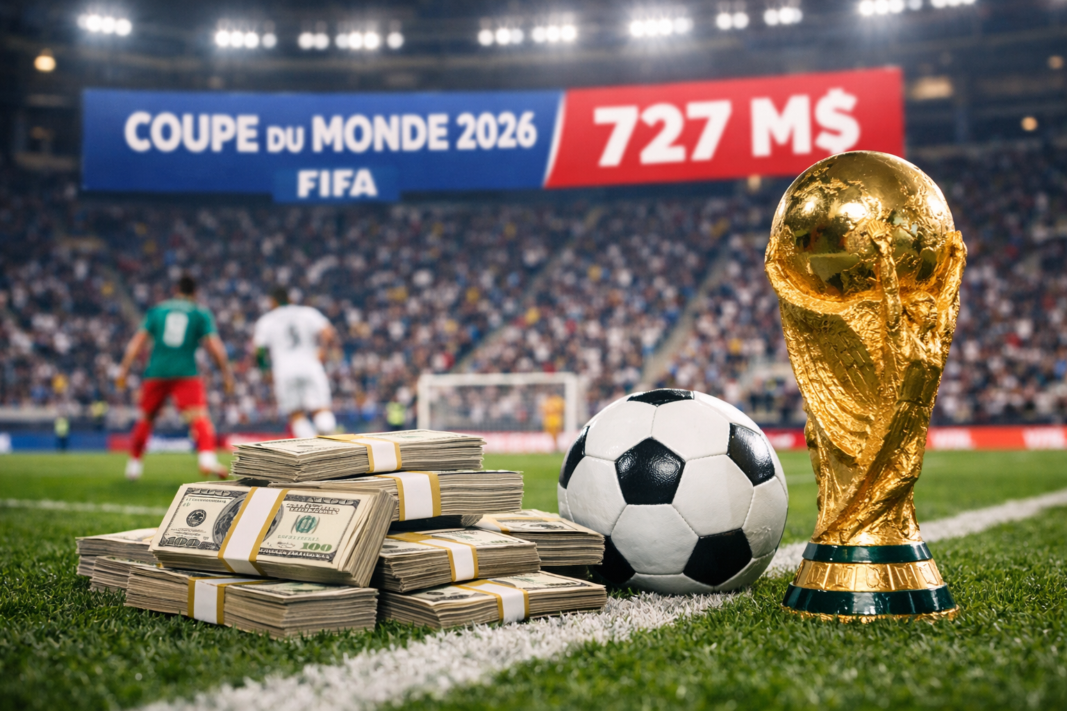 Trophée de la Coupe du monde avec des liasses de dollars illustrant les primes record de la Coupe du monde 2026 annoncées par la FIFA