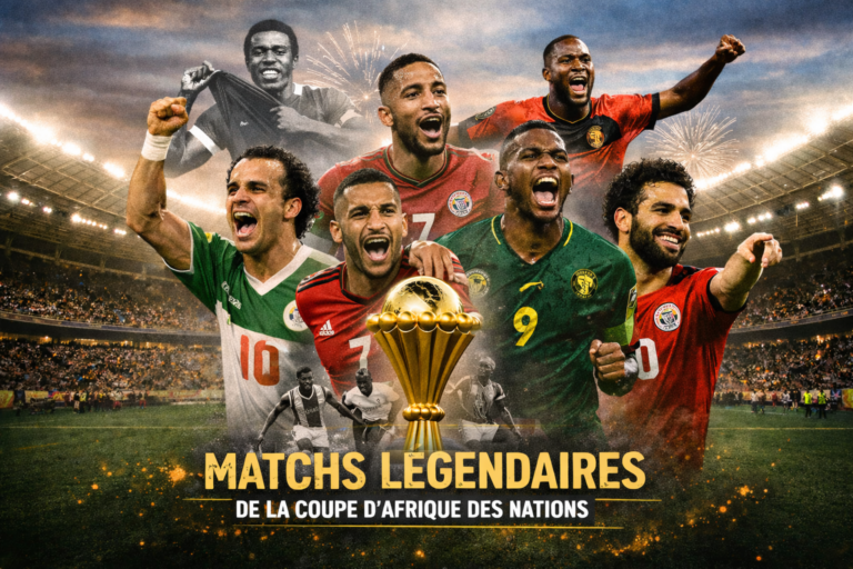 Montage des joueurs africains légendaires dont un international marocain, célébrant les matchs mythiques de la Coupe d’Afrique des Nations.