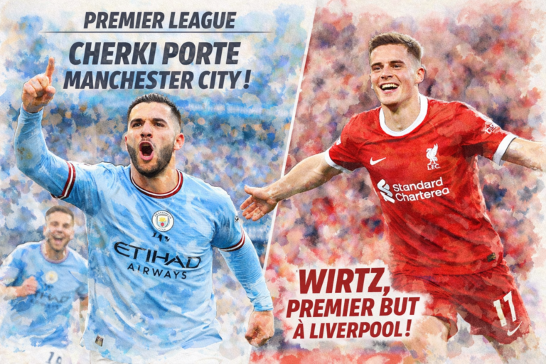 Illustration aquarelle style meme de Rayan Cherki célébrant avec Manchester City et Florian Wirtz fêtant son premier but sous le maillot de Liverpool en Premier League