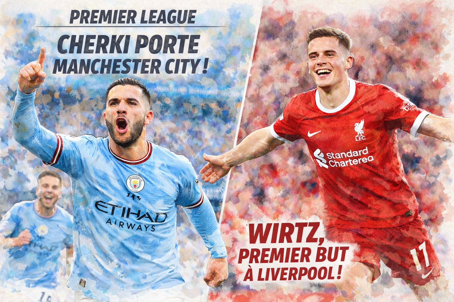 Illustration aquarelle style meme de Rayan Cherki célébrant avec Manchester City et Florian Wirtz fêtant son premier but sous le maillot de Liverpool en Premier League