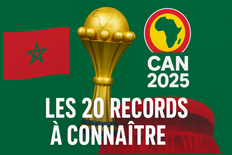 Image promotionnelle de la CAN 2025 avec le drapeau du Maroc, le trophée de la Coupe d’Afrique des Nations et le logo officiel, accompagnée du titre « Les 20 records à connaître ».