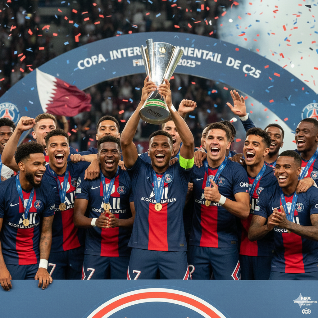 Célébration joueurs PSG trophée Coupe Intercontinentale 2025 Qatar