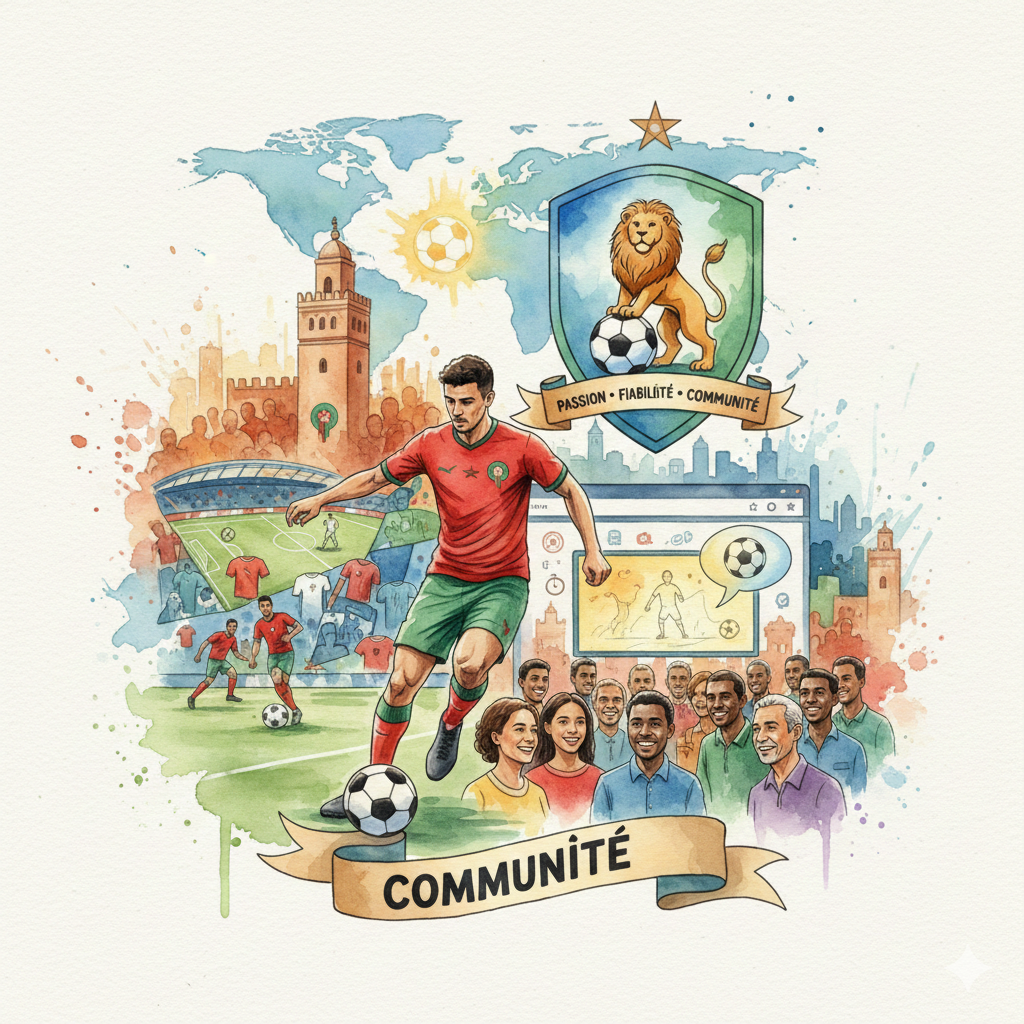 Illustration aquarelle universfoot.ma représentant un joueur des Lions de l'Atlas, un supporter et l'actualité du football au Maroc.