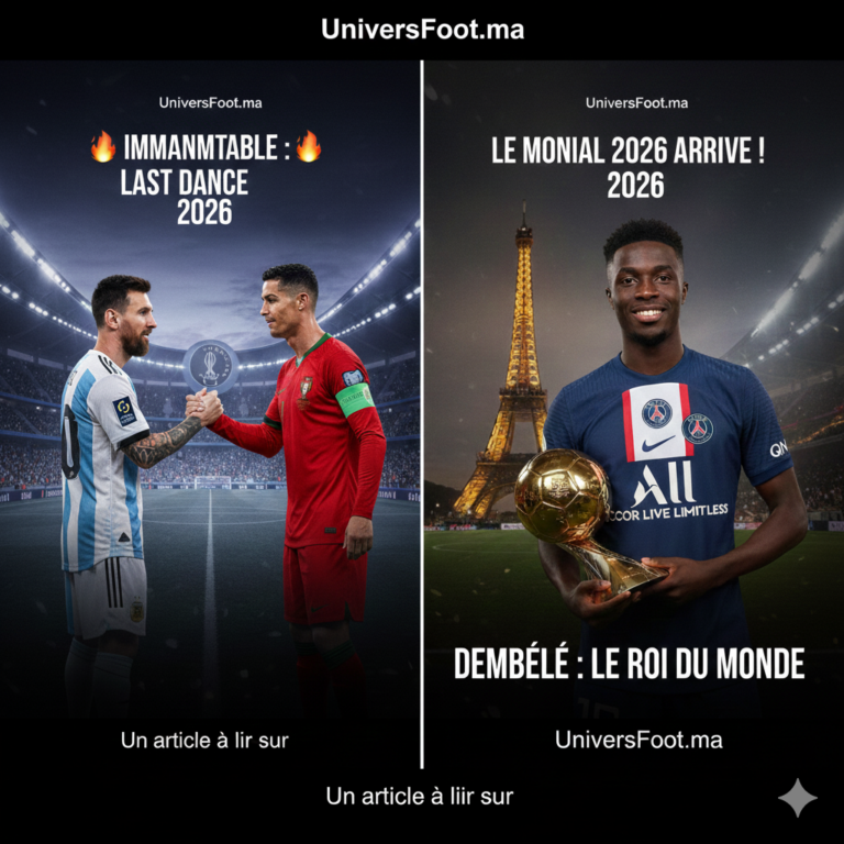 Montage de Lionel Messi et Cristiano Ronaldo pour le Mondial 2026 et Ousmane Dembélé avec le Ballon d'Or pour UniversFoot.