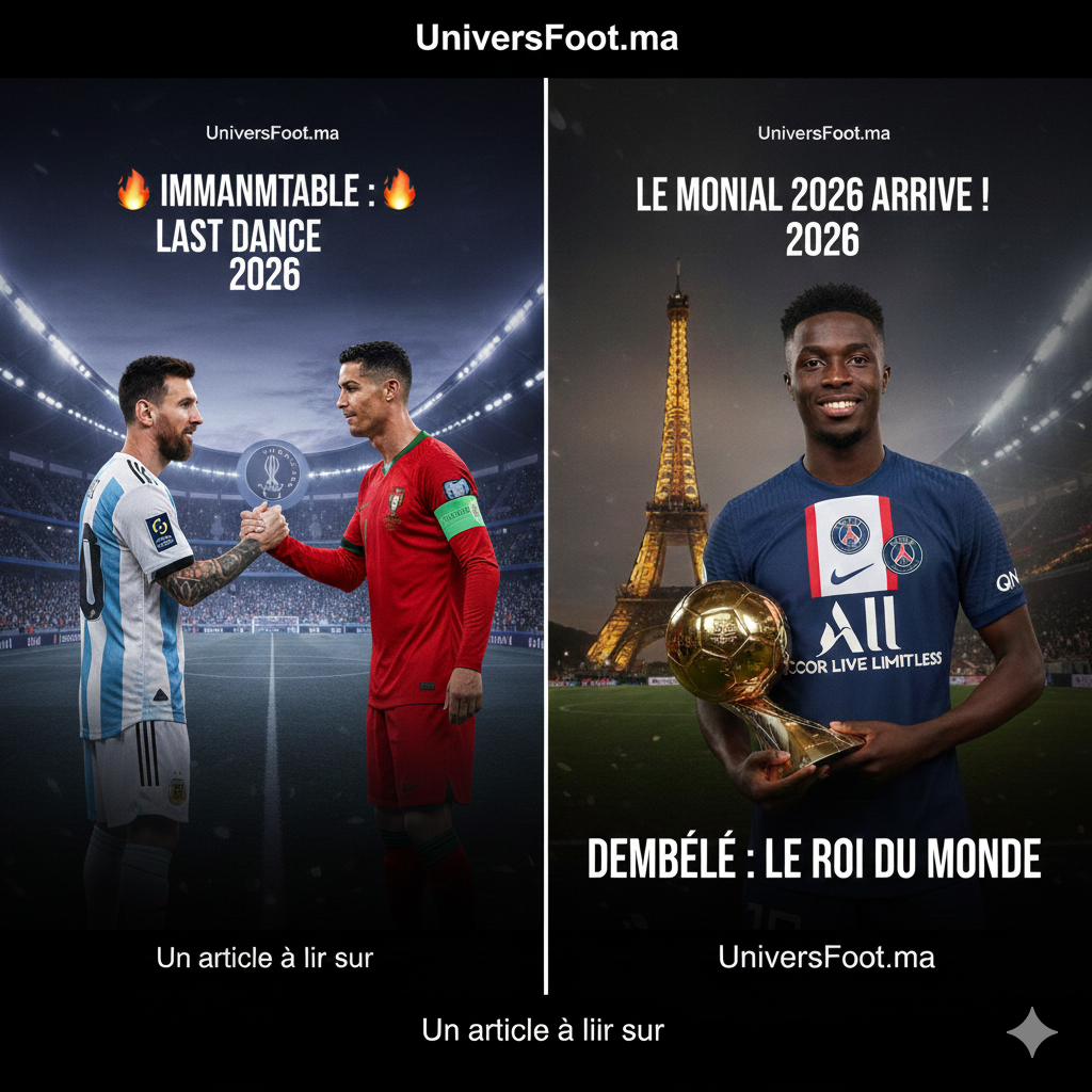 Montage de Lionel Messi et Cristiano Ronaldo pour le Mondial 2026 et Ousmane Dembélé avec le Ballon d'Or pour UniversFoot.