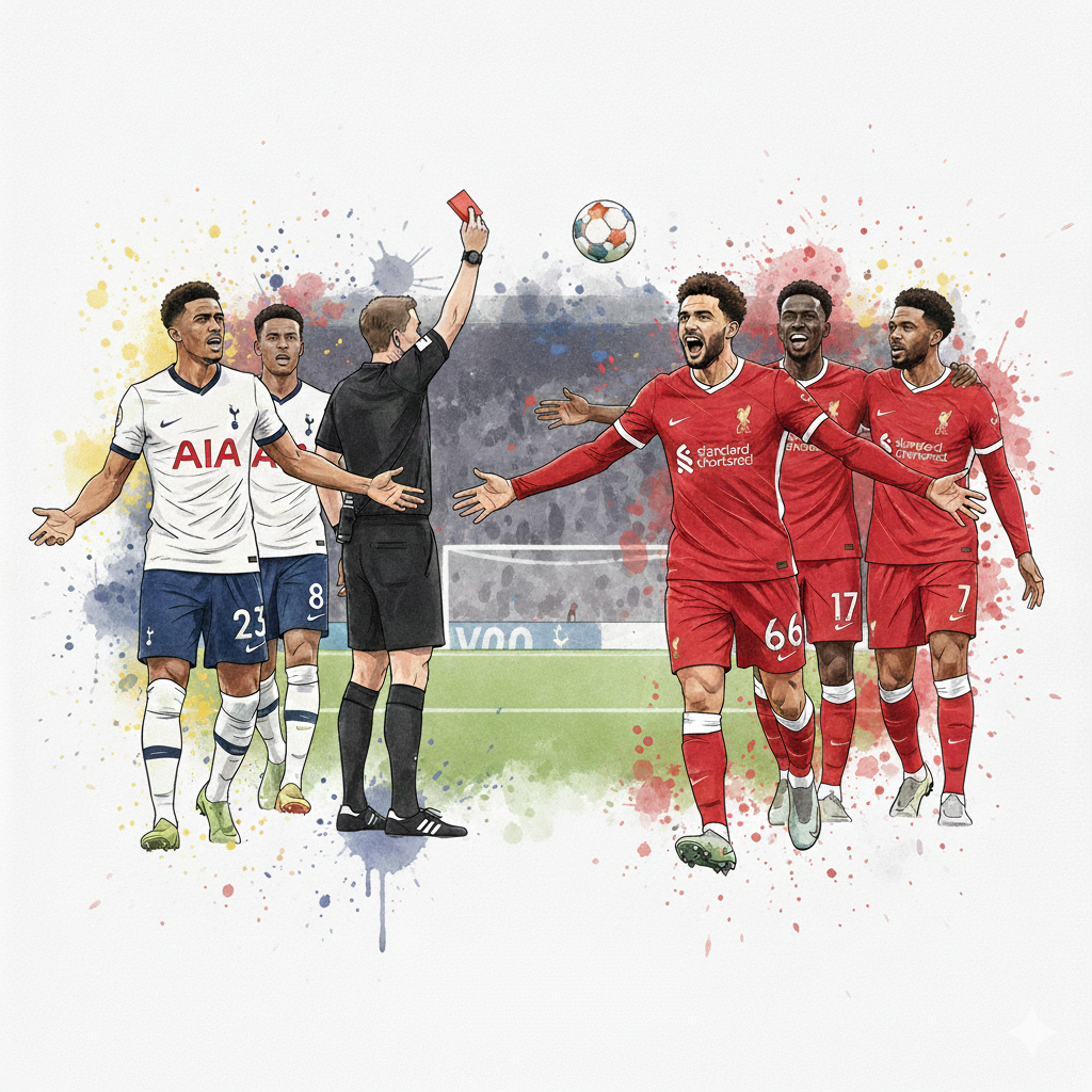 Illustration de style aquarelle montrant un duel entre Tottenham et Liverpool. À gauche, un joueur de Tottenham exprime sa frustration face à un arbitre brandissant un carton rouge. À droite, les joueurs de Liverpool célèbrent avec joie devant un public en liesse dans un stade de football.