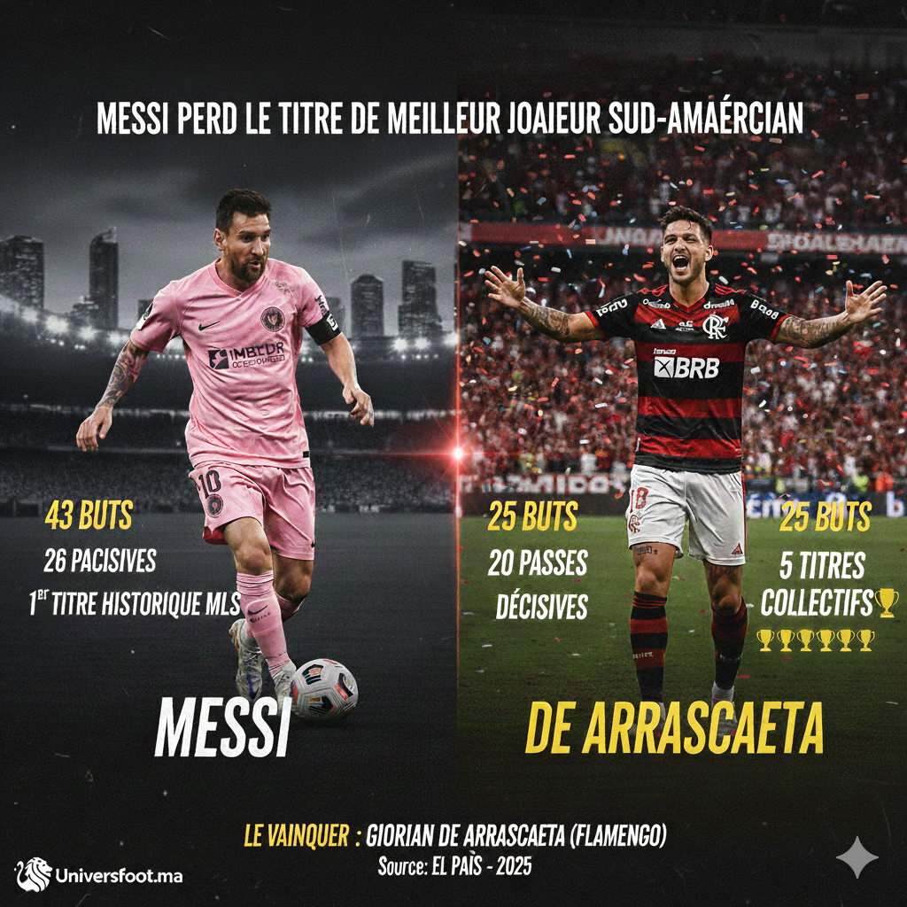 Comparaison entre Giorgian De Arrascaeta et Lionel Messi pour le prix du meilleur joueur d'Amérique du Sud 2025.