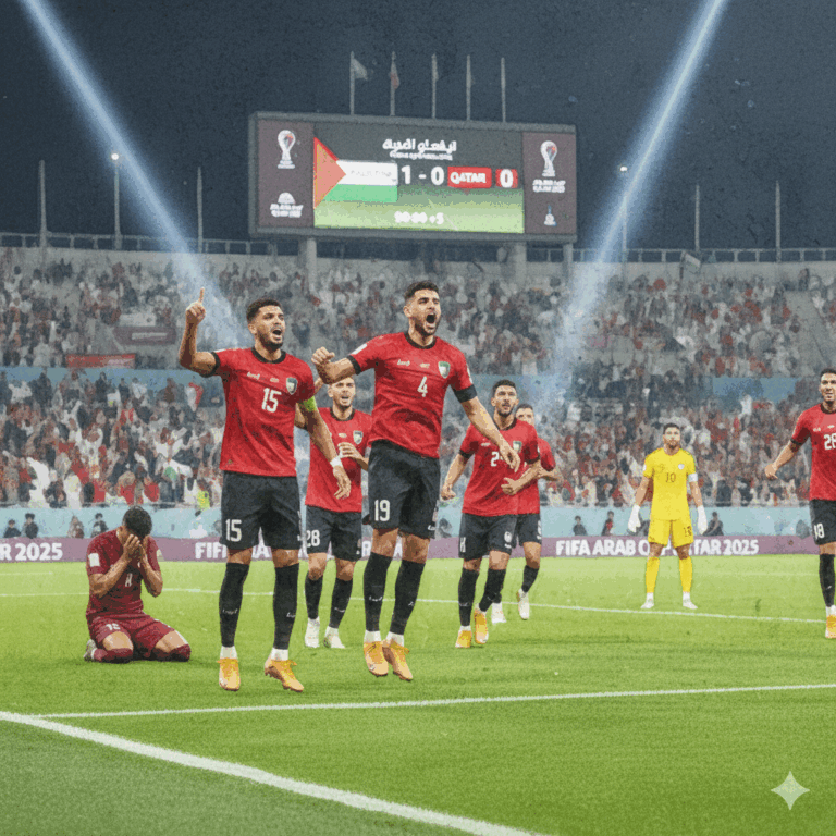 Des joueurs de l'équipe de Palestine, vêtus de maillots rouges, célèbrent avec exubérance leur victoire 1-0 contre le Qatar, sautant de joie sur le terrain de football. Le tableau d'affichage géant derrière eux confirme le score (Palestine 1 - Qatar 0) et l'horaire (90:00 + 5). Un joueur qatari est visible à gauche, agenouillé et déçu. L'image capture l'émotion intense après la surprise de la Coupe Arabe 2025.