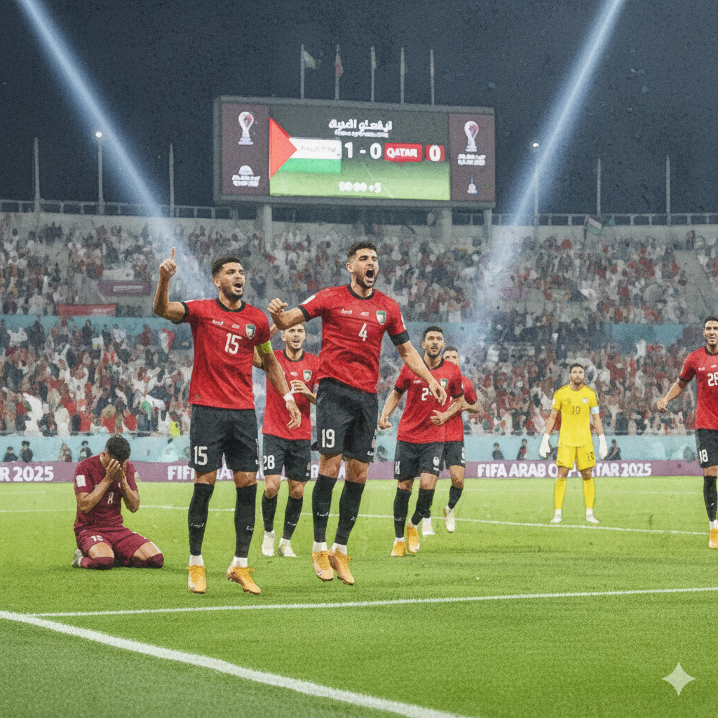Des joueurs de l'équipe de Palestine, vêtus de maillots rouges, célèbrent avec exubérance leur victoire 1-0 contre le Qatar, sautant de joie sur le terrain de football. Le tableau d'affichage géant derrière eux confirme le score (Palestine 1 - Qatar 0) et l'horaire (90:00 + 5). Un joueur qatari est visible à gauche, agenouillé et déçu. L'image capture l'émotion intense après la surprise de la Coupe Arabe 2025.