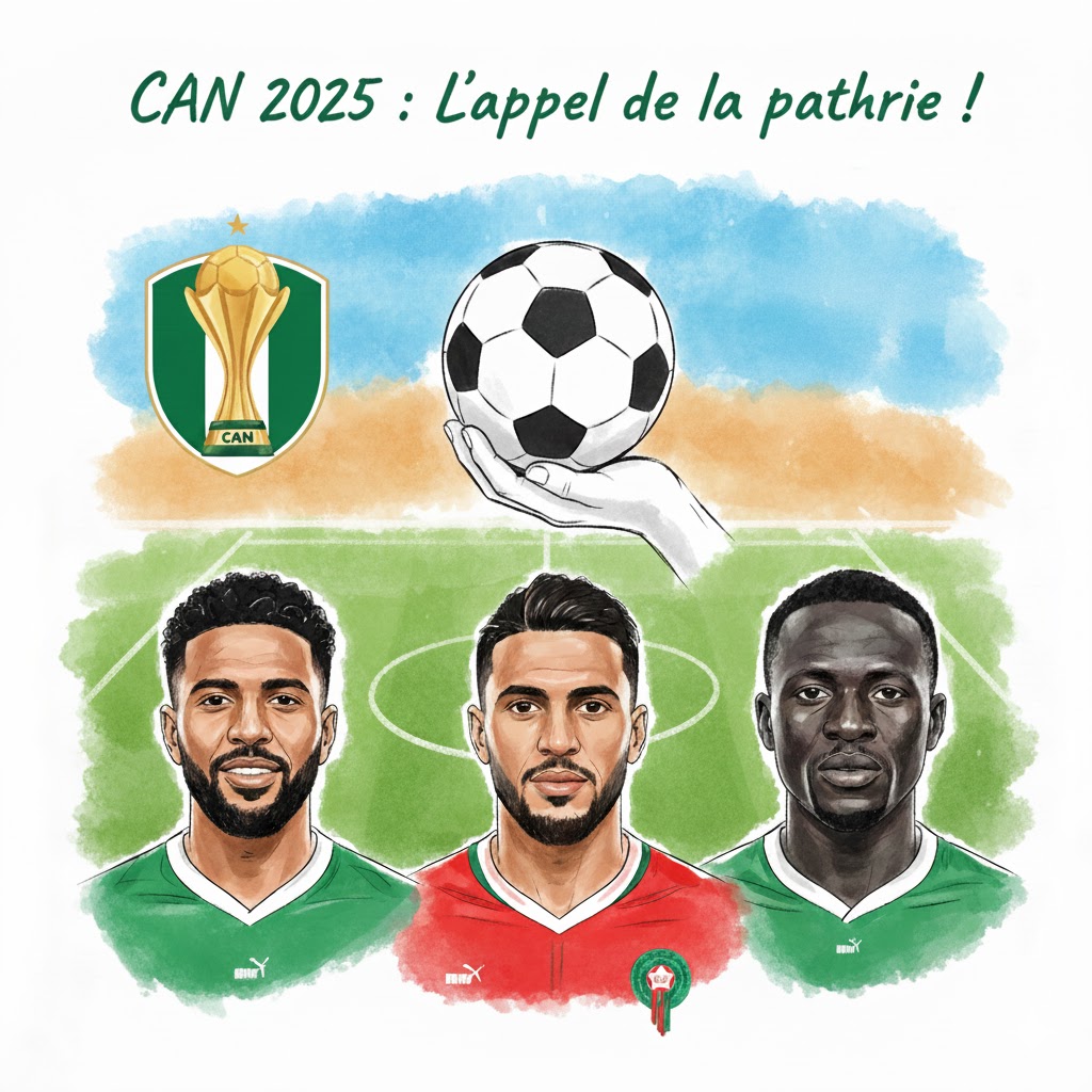 Illustration aquarelle des stars de la Saudi Pro League (Mahrez, Bounou, Mané) sur un terrain de football, avec le Trophée de la CAN. L'image symbolise le départ des joueurs africains vers la Coupe d'Afrique des Nations 2025 au Maroc.
