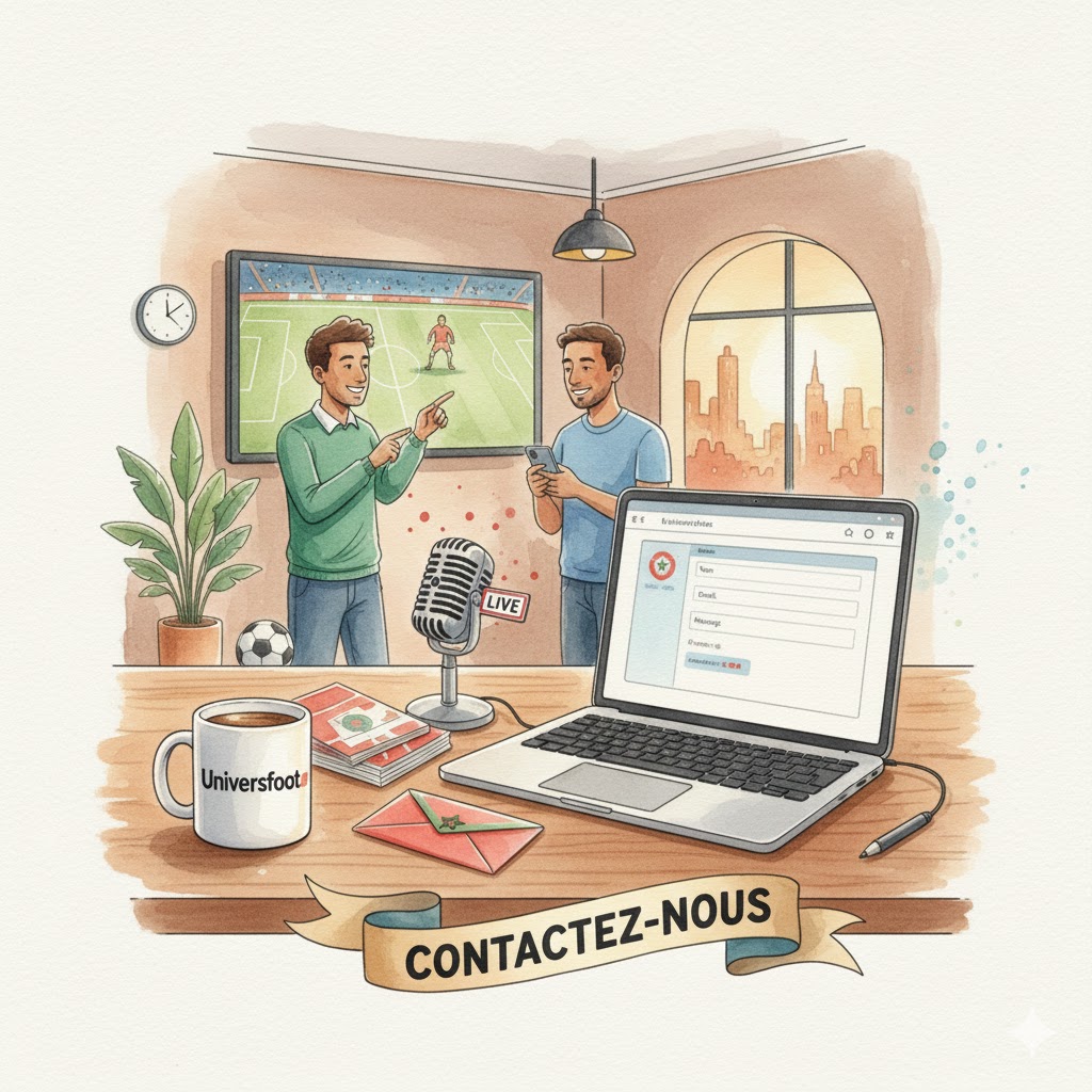Illustration aquarelle pour la page contact de universfoot.ma, montrant la communauté du football marocain et l'interaction avec les passionnés.