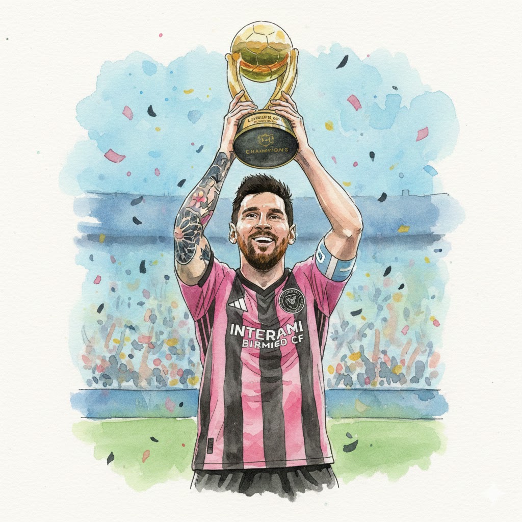Illustration aquarelle de Lionel Messi souriant en tenant un trophée avec le maillot rose de l’Inter Miami, célébrant un nouveau titre.