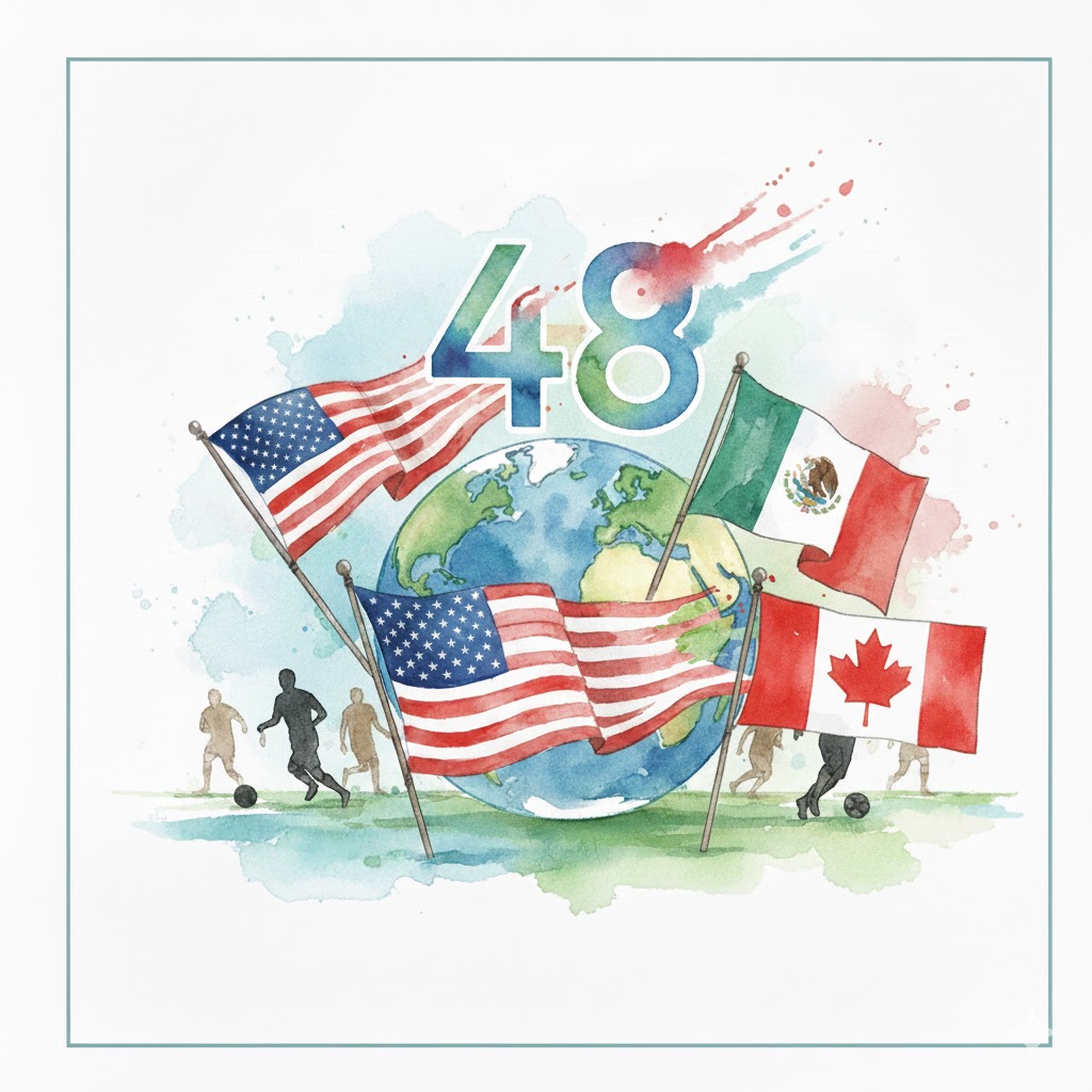 Logo officiel Coupe du Monde FIFA 2026 avec les drapeaux des pays hôtes (USA, Mexique, Canada) et le chiffre 48 symbolisant le nouveau format.