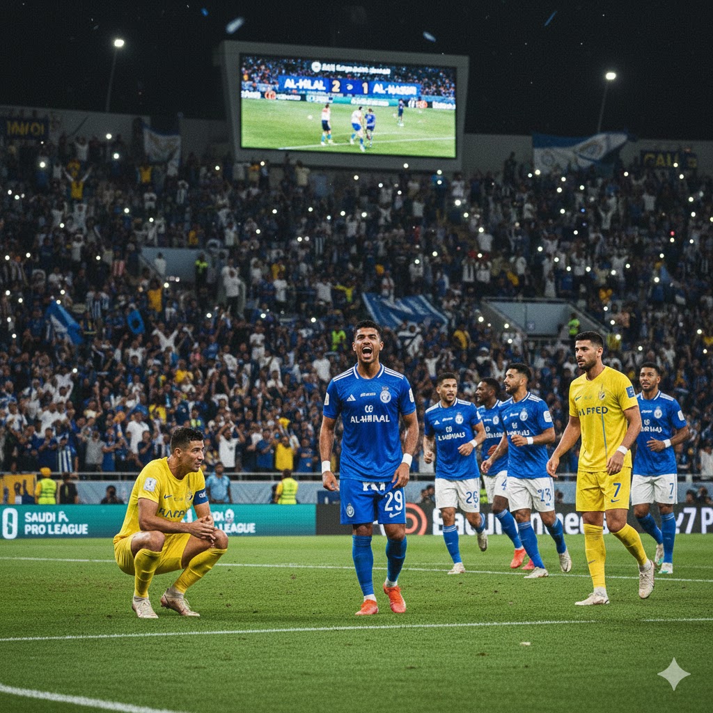 Un joueur d'Al-Hilal en maillot bleu célèbre avec enthousiasme sur le terrain après une victoire contre Al-Nassr, devant un stade comble et un écran géant affichant le score de 2-1 dans une ambiance de grand derby saoudien.