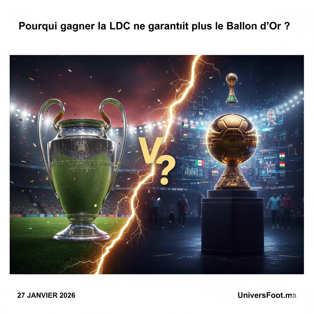 Illustration conceptuelle séparée par un éclair montrant le trophée de la Ligue des Champions à gauche et le Ballon d'Or à droite dans un stade éclairé.