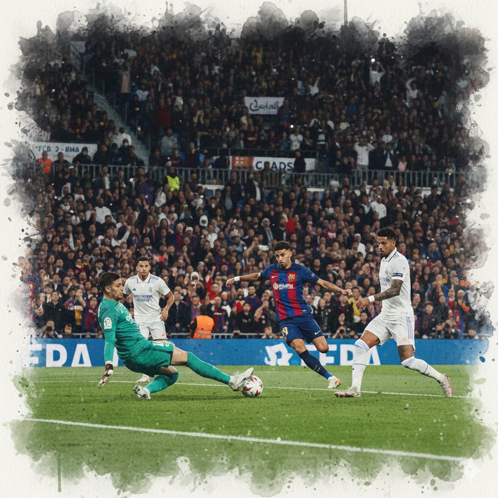 Indispensable pour l'accessibilité et le référencement Google. « Illustration artistique en aquarelle montrant une action intense du Clasico entre le FC Barcelone et le Real Madrid, avec Raphinha et Lewandowski en mouvement dans un stade de Djeddah rempli d'émotion. »