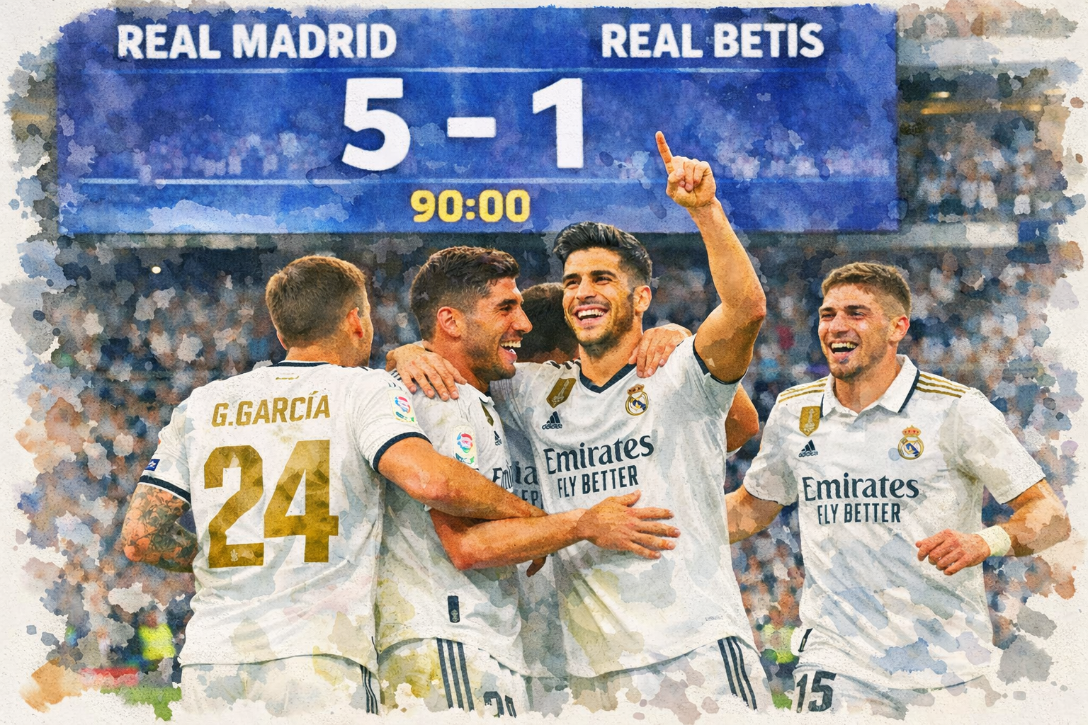 Les joueurs du Real Madrid célèbrent leur large victoire 5-1 contre le Real Betis lors de la 18e journée de Liga, marquant le début réussi de l’année 2026.