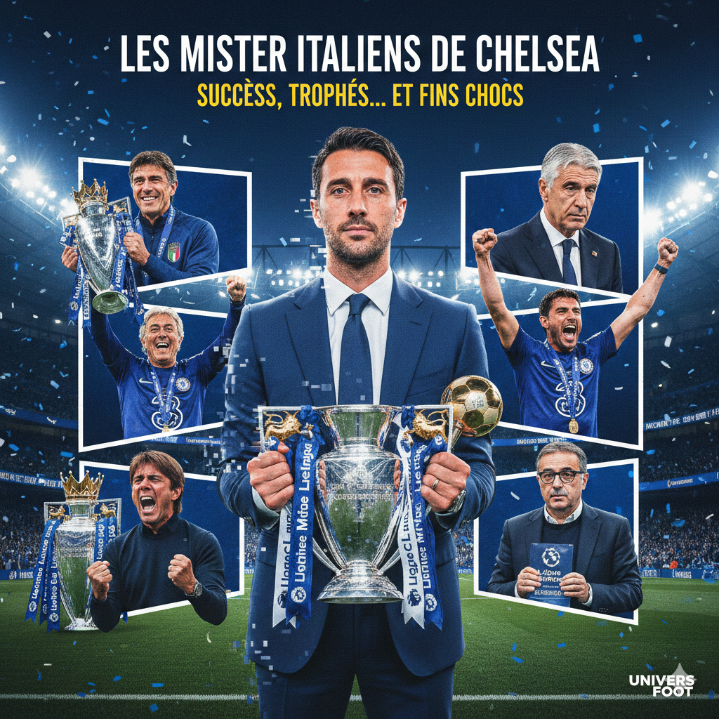 Montage photo des entraîneurs italiens de Chelsea : Enzo Maresca, Antonio Conte, Carlo Ancelotti et Roberto Di Matteo avec leurs trophées à Stamford Bridge.